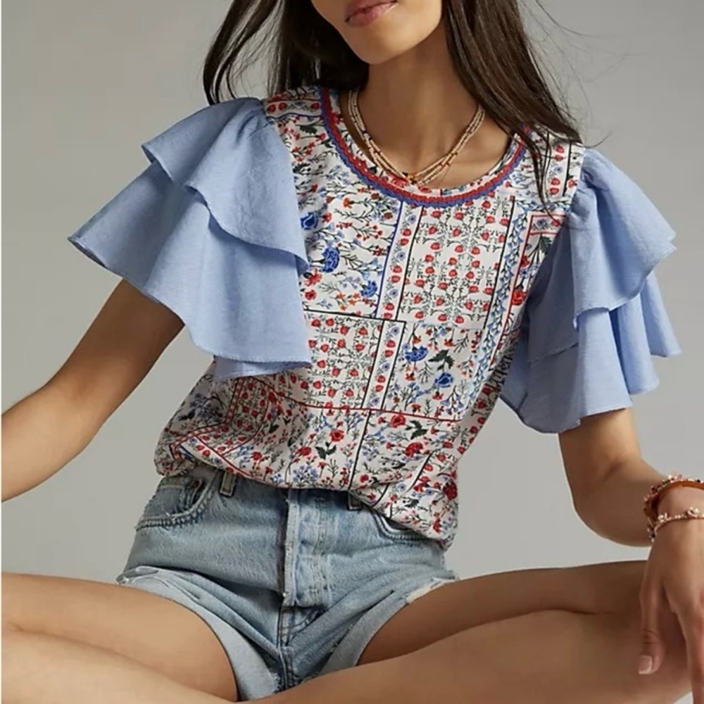 Let me be Floral Patterned Top with Ruffle Sleeves